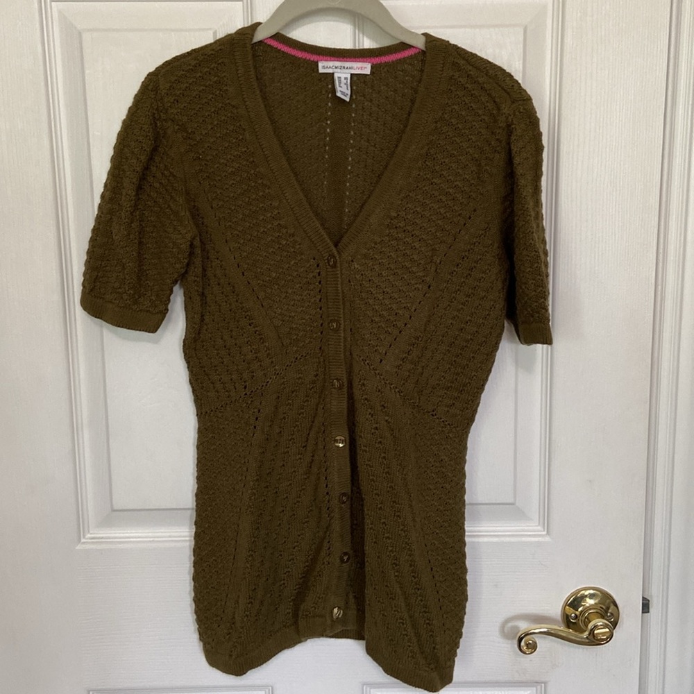2 Isaac Mizrahi Olive Button Sweater Cardigan - Short Sleeve Open Weave, Peplum - Picture 8 of 14